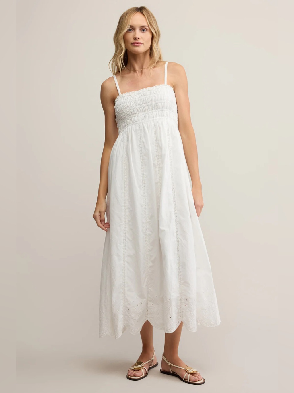 Z Supply Dani Smocked Eyelet Embroidered Midi Dress-White Nwt Sz Med